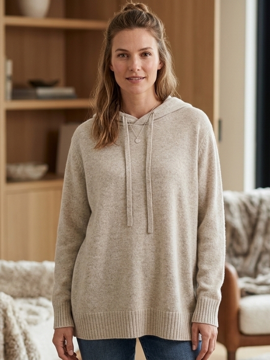Addition Elle Sweaters - Addition Elle Beige Scoop-Neck 100% Cashmere Hooded Sweater Size 2X